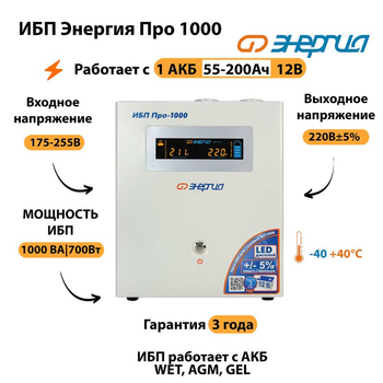 Энергия ИБП Про 1000 12В - ИБП и АКБ - ИБП для котлов - Магазин стабилизаторов напряжения Ток-Про